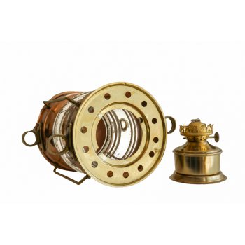 Potężna lampa żeglarska ze starego mosiądzu, dawna lampa nawigacyjna, mosiężna naftowa lampa okrętowa