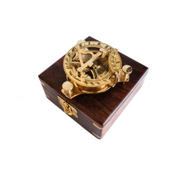 Zegar Dollonda - mosiężny zegar słoneczny z żeglarskim kompasem w drewnianym, marynistycznym pudełku